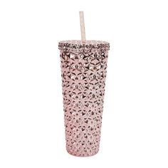 a pink tumbler cup with a straw sticking out of the top, on a white background