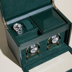 Wolf "British Racing" Green Faux Leather Two-Module Watch Winder. From Wolf, the "British Racing" green collection is a tribute to the illegal racing that took place in Ireland in the early 1900s. Made with vegan-friendly pebble-grained faux leather and sumptuous interior suede details. Take your watches for a spin in the double watch winder. Storage spot for two watches and accessories also included! Wolf winders come with a patented innovation that counts the precise number of rotations. Rotat British Racing Green, Watch Storage, Racing Green, Watch Winder, Green Collection, Early 1900s, Vegan Leather, Fine Jewelry, Faux Leather