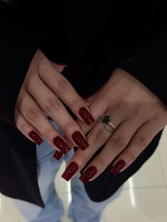 xmas red nails square basic minimalistic Very Square Nails, Winter Nails Dark Red, Dark Red Nails Medium Length, Biab Inspo Nails, Square Burgundy Nails, Deep Red Acrylic Nails, Wine Colored Nails Designs, Dark Red Acrylic Nails Design, Red Shirt Nails