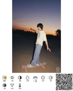 a person on a skateboard in the middle of a street at sunset with an qr code