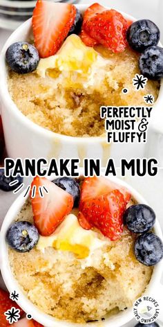 two mugs filled with baked goods and topped with strawberries, blueberries, and bananas