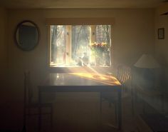 the sun shines through a window onto a dining room table