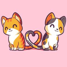 two cats sitting next to each other on a pink background with a heart in the middle