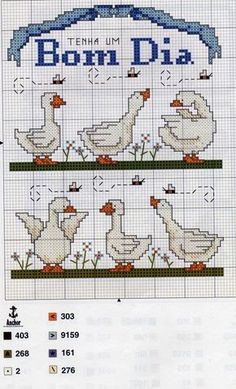 the cross stitch pattern shows four ducks in different positions