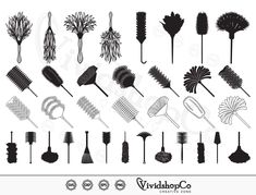 the silhouettes of various brushes and combs for cleaning your hair is shown in black and white