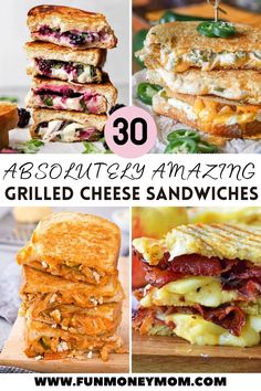 grilled cheese sandwiches with the words 30 absolutely amazing grilled cheese sandwiches on them