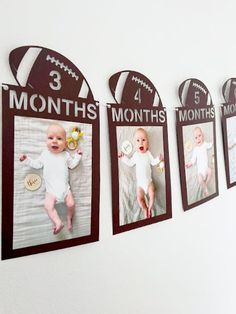 three baby pictures are hanging on the wall next to each other with numbers and footballs