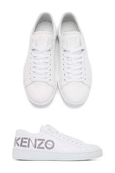 Kenzo White Tennix Sneakers. Low-top nappa leather sneakers in white. Round toe. Tonal lace-up closure. Logo embossed at tongue. Padded collar. Tonal mesh lining. Nappa Leather, Leather Sneakers, White Sneaker, High Tops