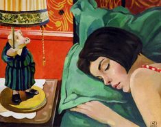 a painting of a woman laying in bed next to a cat on a table with a lamp