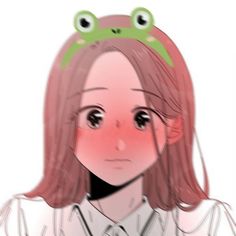 a drawing of a girl with red hair and a frog on her head, wearing a white shirt