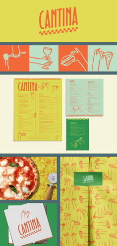 an assortment of food and menus displayed in different colors, shapes and sizes with the words cantinaa on them