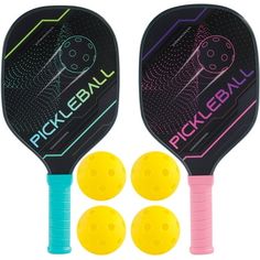 pickleball paddles and four yellow balls