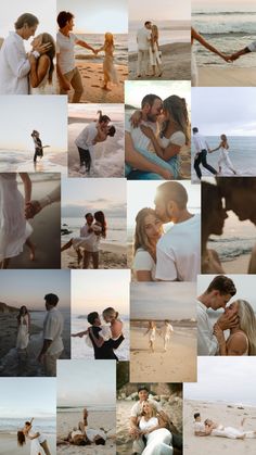 a collage of people on the beach with their hands in each other's pockets