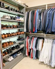 a closet filled with lots of different types of shirts and shoes on shelves next to each other