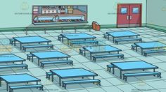 a horse running around in the middle of an empty classroom background blue benches, school desks, white walls, black legs, red doors, brown hair on head, clipart