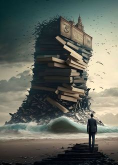 a man standing in front of a giant stack of books on top of the ocean