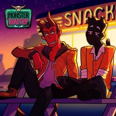 two people sitting on a bench in front of a neon sign that reads monster road trip