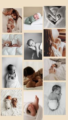 a collage of photos with babys and their parents