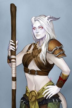 a woman with white hair and horns holding a wooden stick in one hand and wearing armor on the other