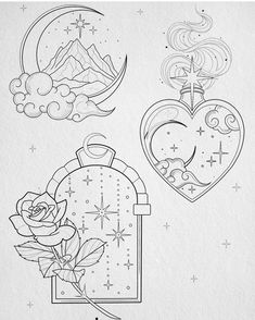 three tattoos that are on paper and one has a rose in the middle with stars