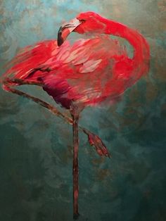 a painting of a pink flamingo standing in the water