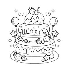 a birthday cake with candles and balloons on it, outlined in black and white coloring