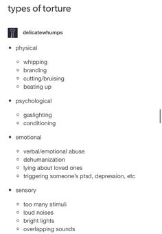 the different types of tortures are shown in this table top view, including words and phrases