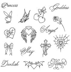 tattoos with names and pictures on them, all in different shapes and sizes are drawn by hand