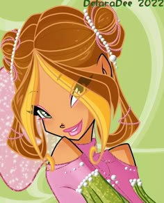 a cartoon girl with blonde hair and pearls on her head, wearing a pink dress