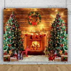 a fireplace decorated with christmas trees and presents in front of a wall hanging on a brick wall