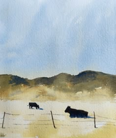 watercolor painting of two cows in a field