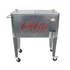 an old metal cooler with wheels and coca cola on the side, isolated against a white background