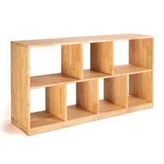 a wooden shelf with six compartments on each side