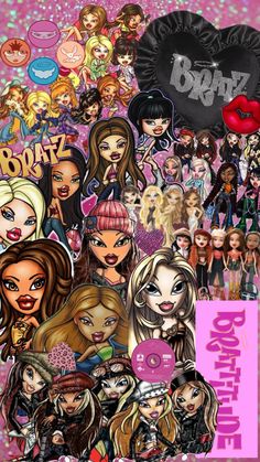 barbie dolls collage with the name bratz on it and many other pictures in pink