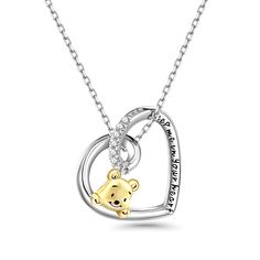 Friendly, thoughtful and always ready to help his friends, this cute bear is filled with love. You can engrave with your own message. This pendant is sure to make a personalised treasure and unforgettable romantic jewellery gift.Carat Weight: 0.6 ctStone Size: 1.5 mmStone Type: Jeulia® StoneNumber of Stones: 8 Stone Color: Diamond WhiteStone Shape: RoundWeight: 3.6 gWidth: 19.8 mmHeight: 20.9 mmThickness: 8.2 mmMaterial: 925 SilverPlating Color: Silver, Yellow GoldLength: 400+50 mmChain Color: S Winnie The Pooh Necklace, Romantic Jewellery, Bangles Design, Round Necklace, Gold Bangles Design, Honey Pot, Cartoon Bear, Bangle Designs, Necklace Online