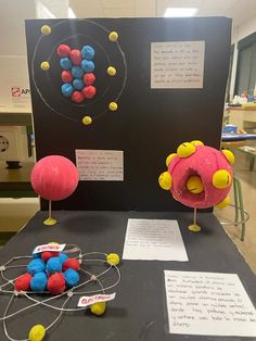 some balls are sitting on top of a table in front of a black board with writing