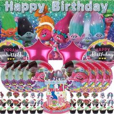 birthday party supplies including balloons, cupcakes and decorations for children's birthday