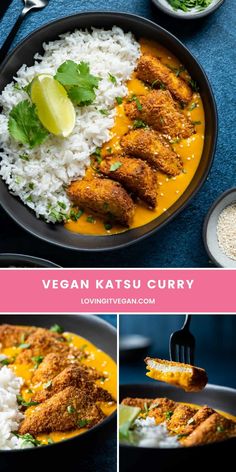 vegan katsu curry with rice and chicken in a skillet on a blue table