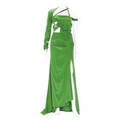 Tom Ford for Gucci Silk Green Bondage Long Dress Gown 2003 Collection, Limited Edition. Designer size - 42 (run smaller) 85% Silk, 10% Spandex, 5% Leather. Cut-out and ruched design, leather studded strap, high slit, side zip closure, very stretch. Made in Italy Excellent condition. Parsons Fashion, Tom Ford For Gucci, Nude Slip Dress, City Theme, Fashion Boards, Green Corset, Ethereal Dress, Fancy Gowns, Silk Cocktail Dress