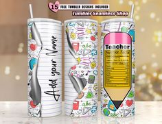 three different types of personalized tumblers with the name teacher written on them, all lined up and next to each other