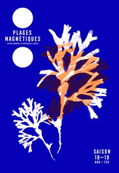 a blue poster with an orange flower and two circles in the background that says, places magnettiques