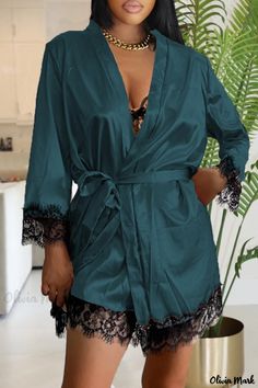 Olivia Mark - Satin Bathrobe Style Nightgown with Belted Detail and Classic Silhouette Satin Bathrobe, Lingerie Nightgown, Nightgown Sets, Malachite Green, Elegant Lingerie, Silk Lingerie, Patchwork Patterns, Kimono Style, Classic Silhouette