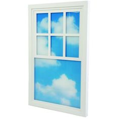 an open window with blue sky and clouds painted on it