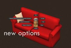 a red couch with the words new options on it