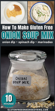 a small clear glass jar filled with onion soup mix (dry ingredients and herbs)