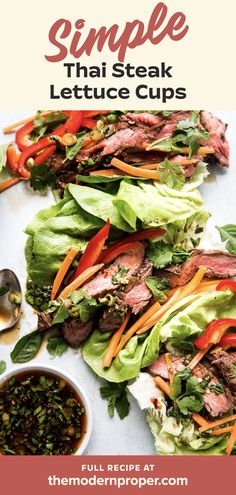 Steak is marinated in a dressing that sings with bright, zingy, Thai flavors, then seared and served in crisp lettuce cups in our beefed-up riff on the classic Laotian salad, Larb Gai. Dipping Sauce For Beef, Thai Wraps, Sauce For Beef, Thai Steak, Soy Ginger Sauce, Soy Ginger, Sara Foster, Steak Wraps, Beef Lettuce Wraps