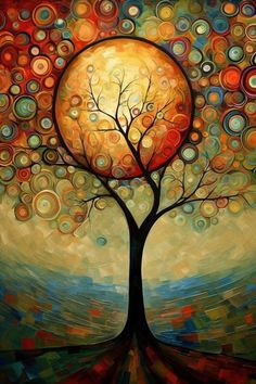 an abstract painting with circles and a tree