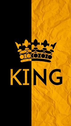 a black and yellow background with the word king on it's left side, and a crown on top