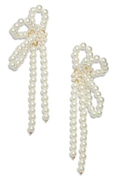 Luminous faux pearls shape these beautiful bow earrings that feel like a gift that keeps on giving every time you wear them. Faux pearl/goldtone plate Imported Formal Pearl Earrings With Bow Detail, Formal Pearl Earrings With Bow, Evening Pearl Jewelry With Bow Detail, Evening Pearl Jewelry With Bow, Party Pearl Jewelry With Bow, Elegant Nordstrom Earrings For Gift, Nordstrom Elegant Gold Jewelry, Elegant Nordstrom Gold Jewelry, Gossip Girl Party