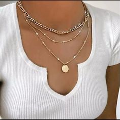 New In Packaging! Layering Made Easy With This Set Of Necklaces. 3 Different Chains With Varying Lengths Connected To 1 Lobster Clasp And Extender Chain. Content: - Gold Plated - Length Is Adjustable Size: - Thick Chain: 5 Mm, 14” - Dainty Thin Chain: 15" - Chain With Disc: 18" - Disc Size: 0.4" Diameter Bundle For Discounts Gold Outfit, Coin Pendant Necklace, Layered Necklace Set, Jewelry Accessories Ideas, Party Summer, Jewelry Lookbook, Choker Necklaces, Girly Jewelry, Layered Necklace